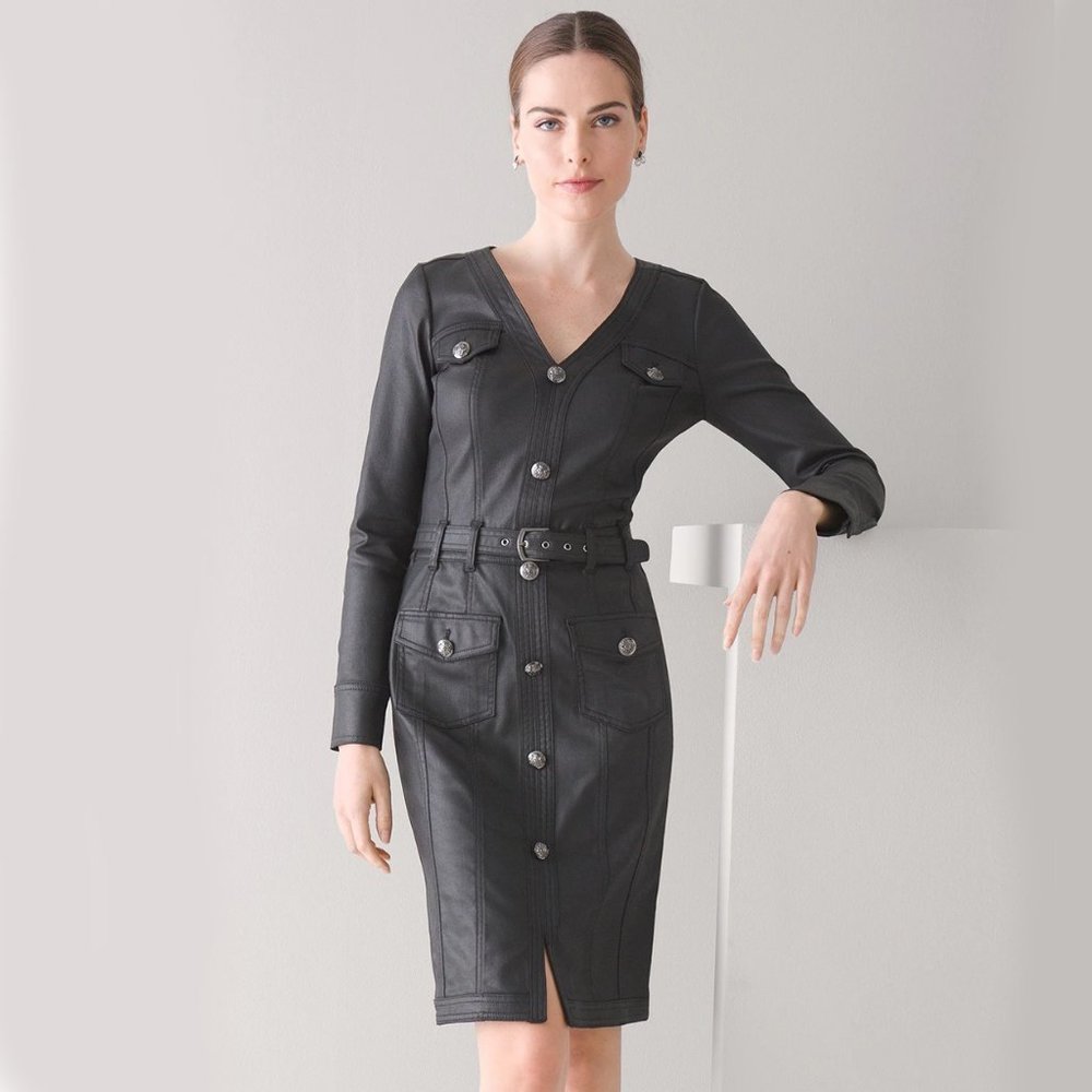 WHBM STUNNING! WASHABLE Coated Denim Shirt Dress Black Leather Look size 14 NWT
